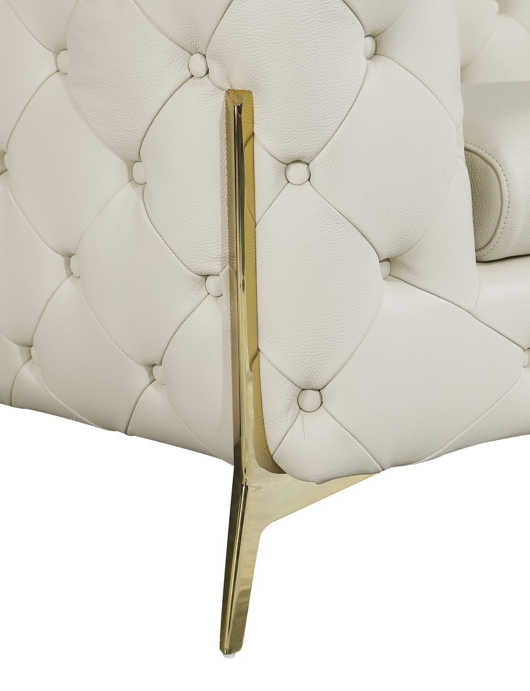 Divanitalia 970 Living Room Set in Beige Italian Leather - View of Side with Emphasis on Gold Stainless Steel Furniture Legs