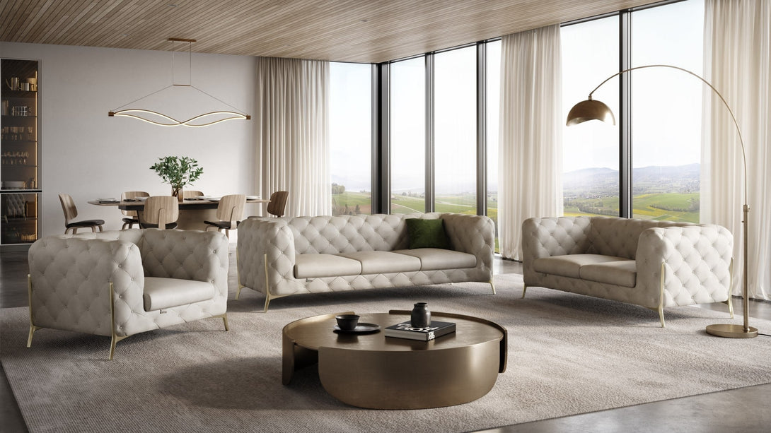 Divanitalia 970 Living Room Set in Beige Italian Leather - View of Furniture in a Modern Demo Room Environment