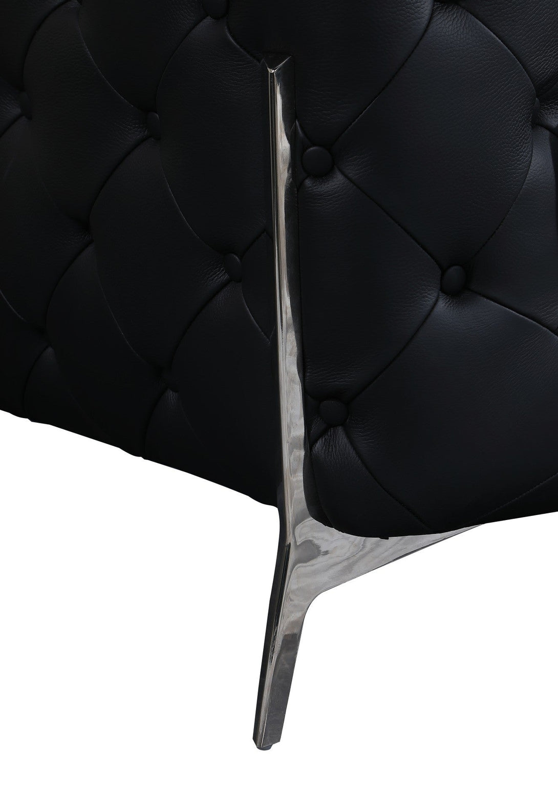 Divanitalia 970 Living Room Set in Black Italian Leather - View of Side with Emphasis on Stainless Steel Furniture Legs