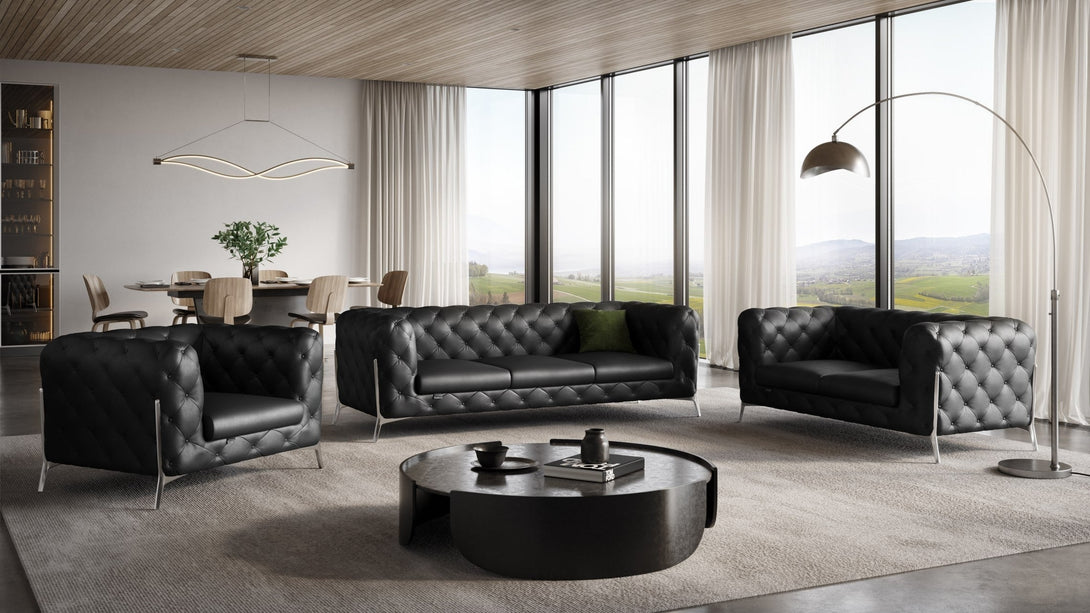 Divanitalia 970 Living Room Set in Black Italian Leather - View of Furniture in a Modern Demo Room Environment