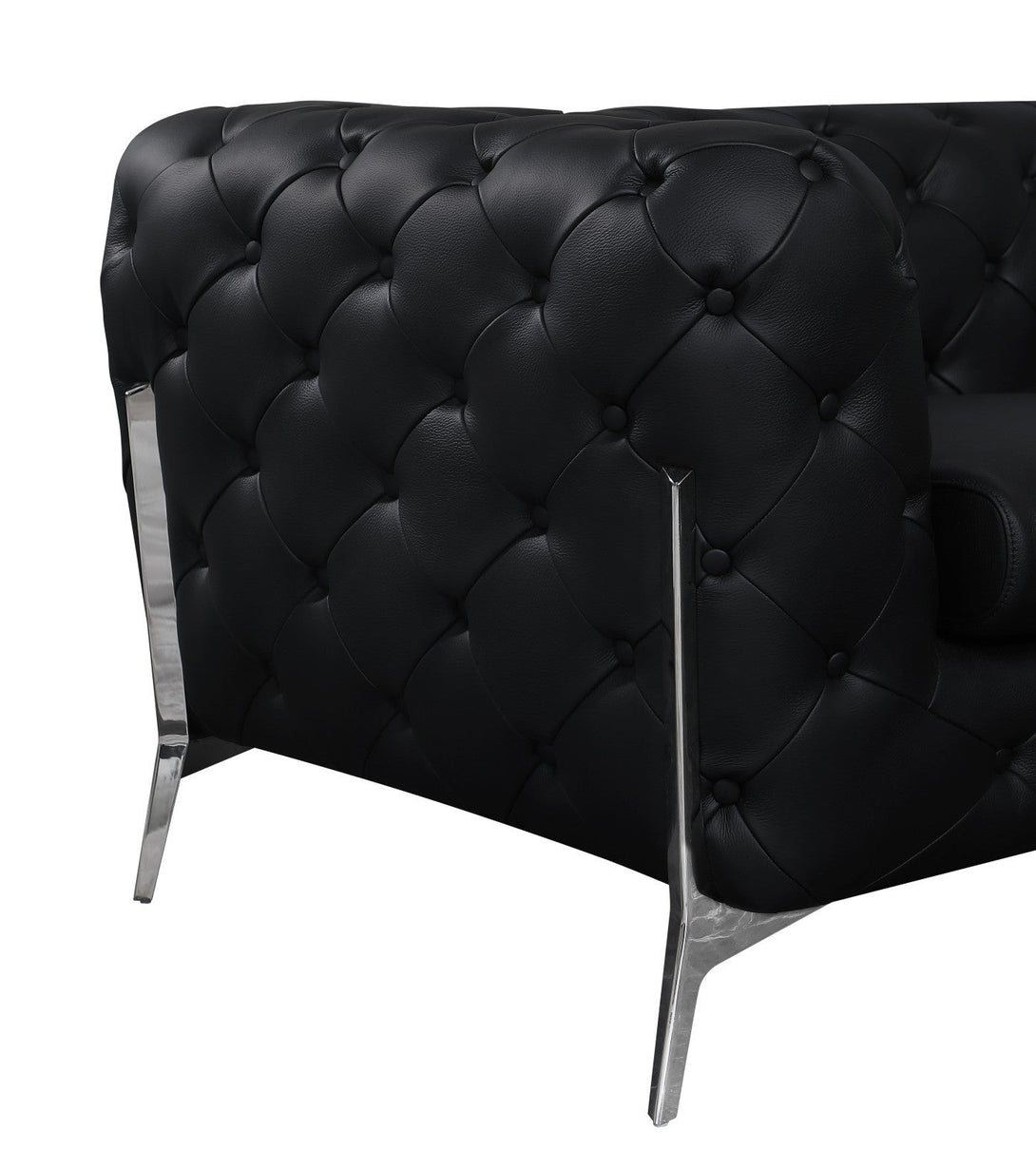 Divanitalia 970 Living Room Set in Black Italian Leather - View of Side with Emphasis on Stainless Steel Furniture Legs