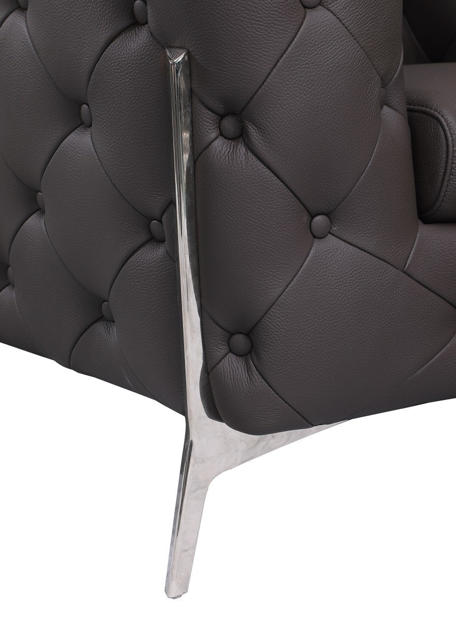Divanitalia 970 Living Room Set in Brown Italian Leather - View of Side with Emphasis on Stainless Steel Furniture Legs