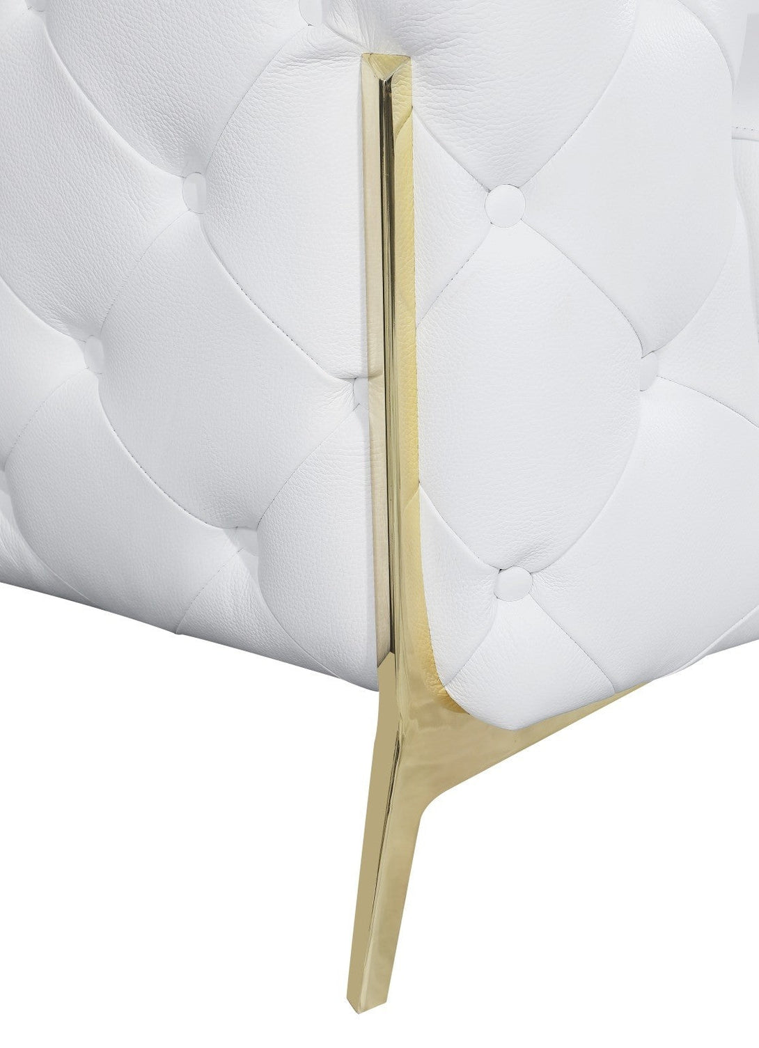 Divanitalia 970 Living Room Set in White Italian Leather - View of Side with Emphasis on Gold Stainless Steel Furniture Legs