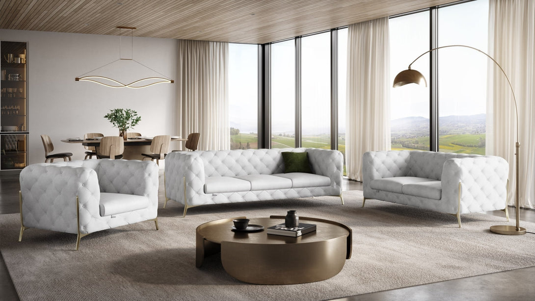 Divanitalia 970 Living Room Set in White Italian Leather - View of Furniture in a Modern Demo Room Environment
