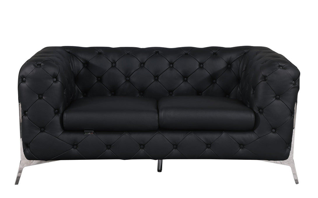 Divanitalia 970 Loveseat in Black Italian Leather - Front View of Loveseat on White Transparent Background