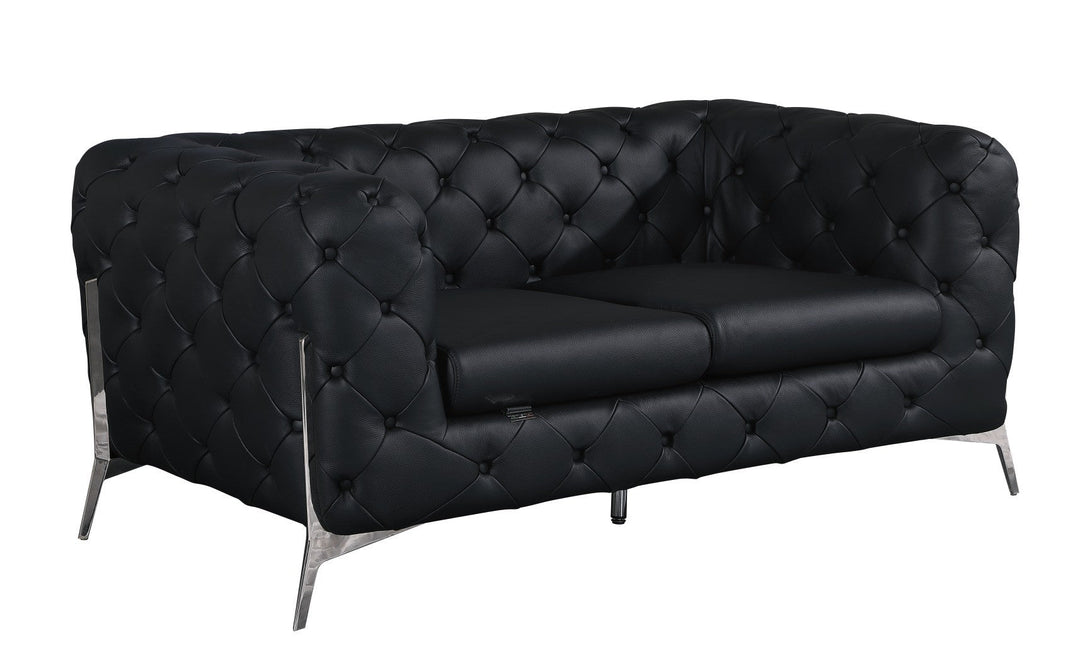 Divanitalia 970 Loveseat in Black Italian Leather - Angled View of Loveseat on White Transparent Background