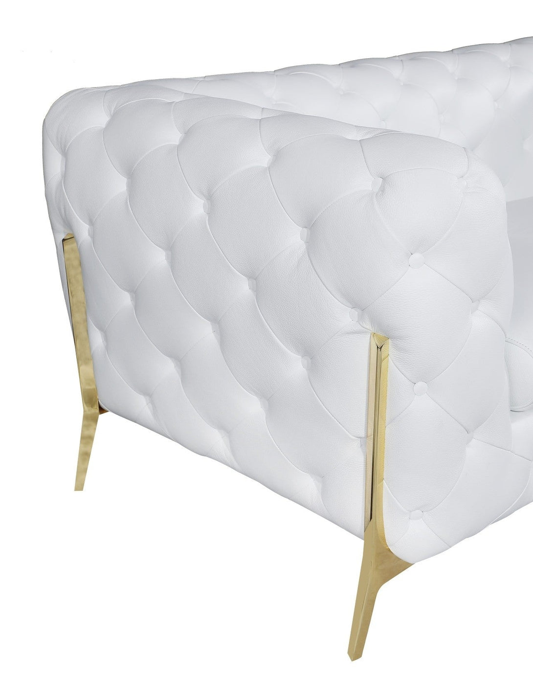 Divanitalia 970 Living Room Set in White Italian Leather - View of Side with Emphasis on Gold Stainless Steel Furniture Legs