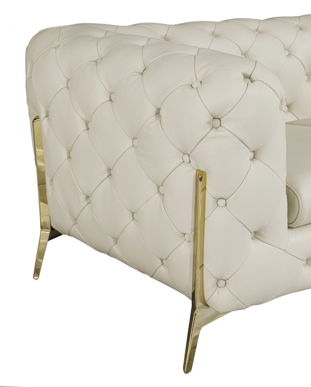 Divanitalia 970 Living Room Set in Beige Italian Leather - View of Side with Emphasis on Gold Stainless Steel Furniture Legs