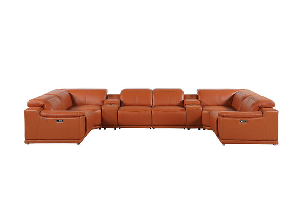 Divanitalia 9762 8-Piece Sectional Sofa with 4 Recliners and 2 Consoles in Camel-Color with Recliners on a White Transparent Background