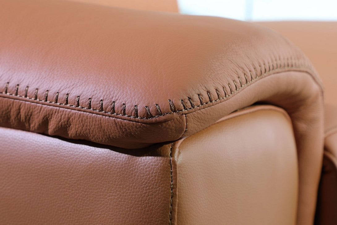 Divanitalia 9762 Build Your Own Sectional Sofa in Camel-Color with Recliners - Close-Up View of Sectional Arm Leather Padding and Stitching