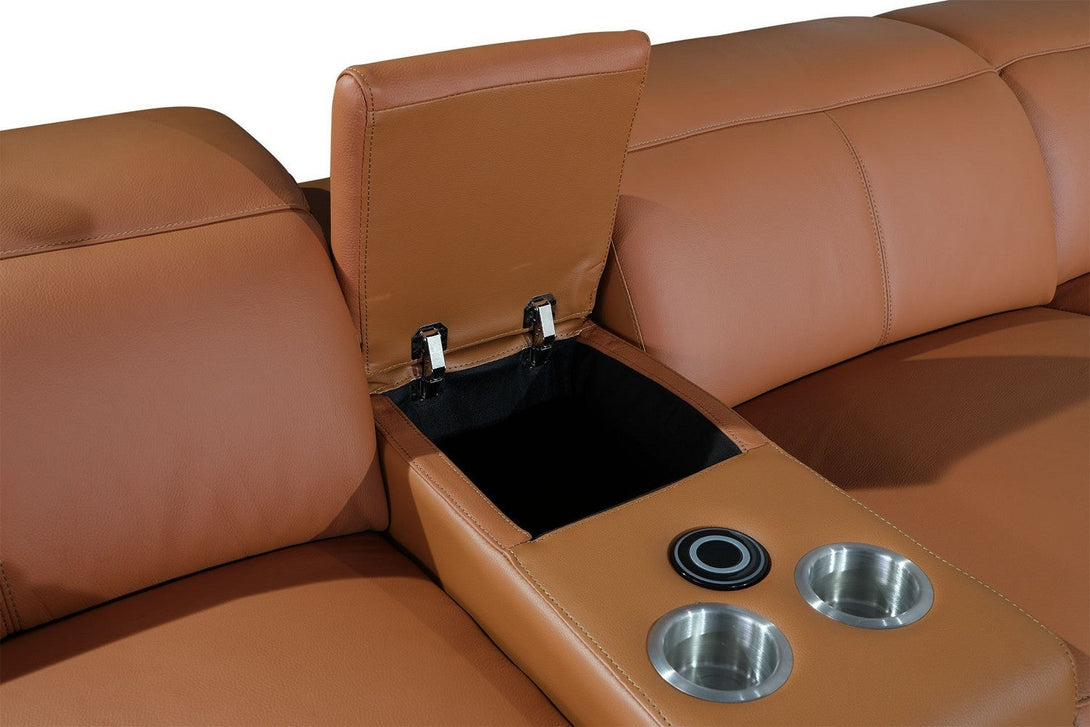 Divanitalia 9762 Build Your Own Sectional Sofa in Camel-Color with Recliners - Arial View of Storage Consule Interior and Aluminum Cup Holders and Wireless Cell Phone Charger