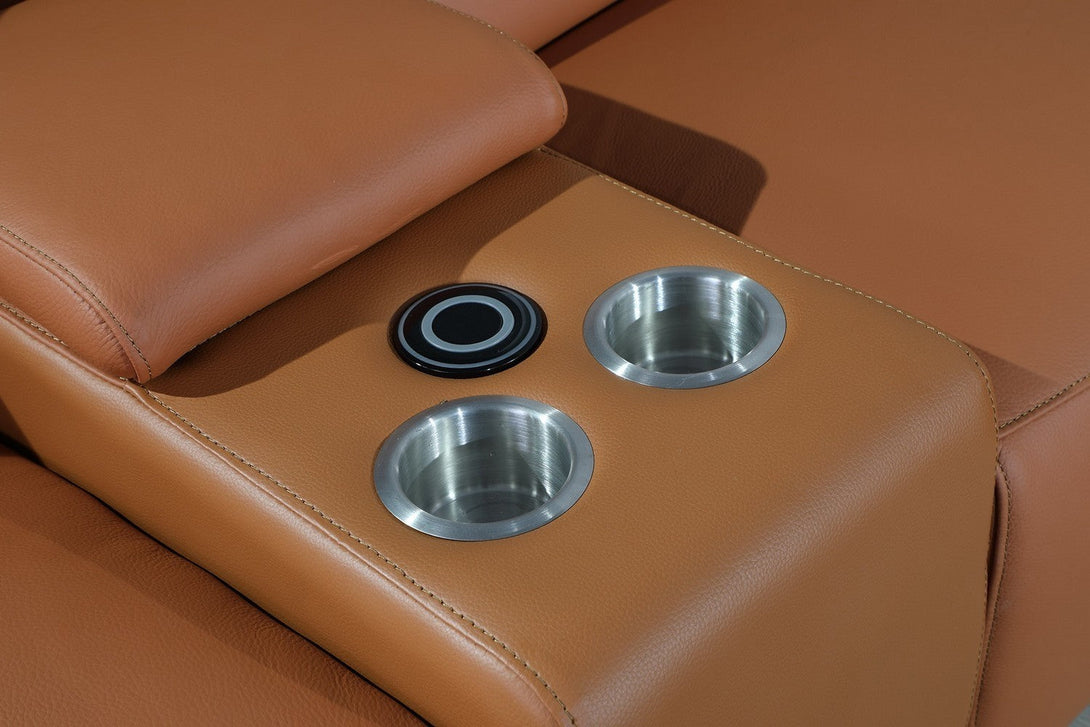 Divanitalia 9762 Build Your Own Sectional Sofa in Camel-Color with Recliners - Close-Up View Aluminum Cup Holders and Wireless Cell Phone Charger