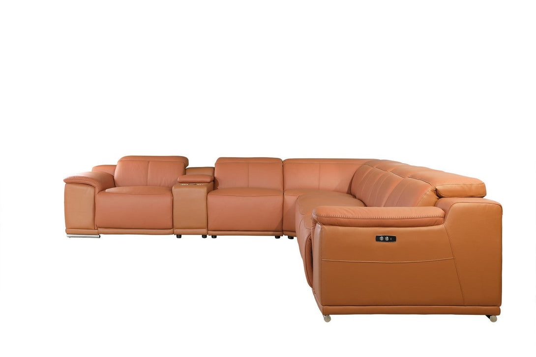 Divanitalia 9762 Build Your Own Sectional Sofa in Camel-Color with Recliners - Angled Photo Right Side of 8-piece Sectional on a White Transparent Background