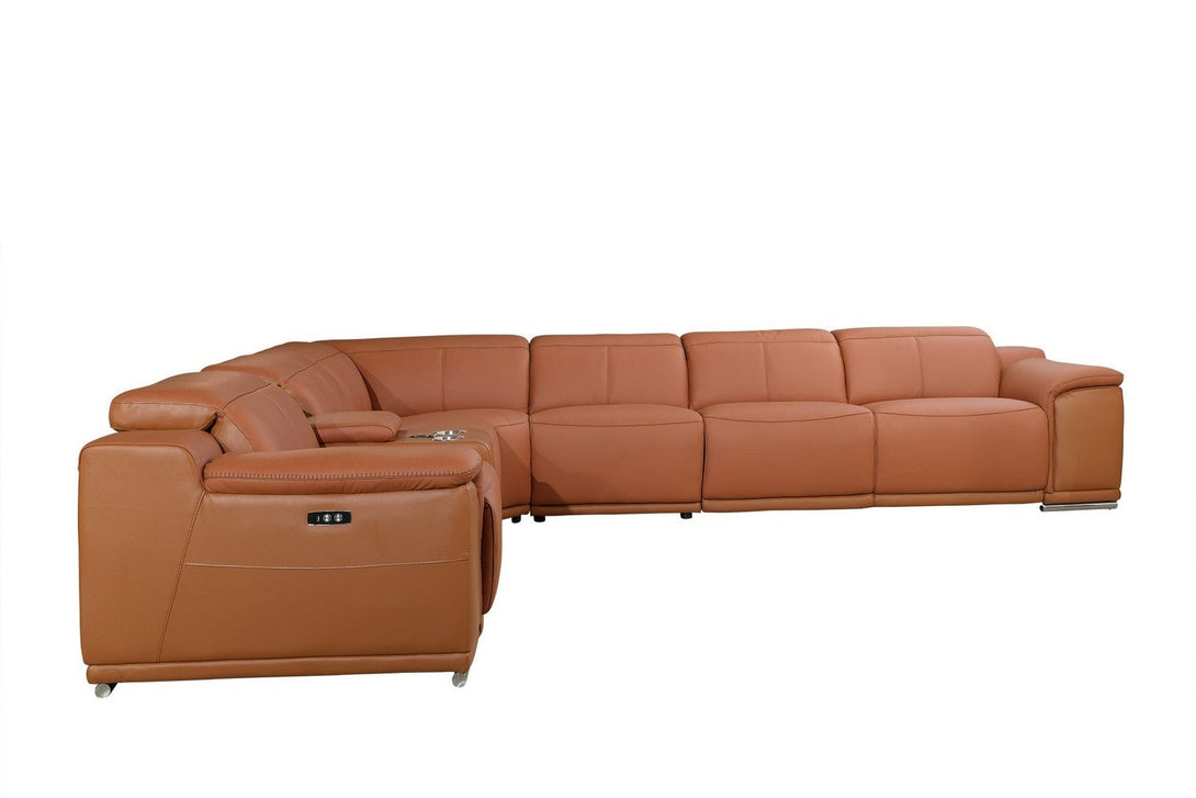 Divanitalia 9762 Build Your Own Sectional Sofa in Camel-Color with Recliners - Angled Photo Left Side of 8-piece Sectional on a White Transparent Background