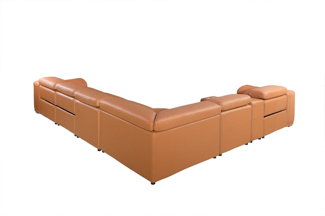 Divanitalia 9762 Build Your Own Sectional Sofa in Camel-Color with Recliners - Arial View of 8-Piece Sectional on a White Transparent Background