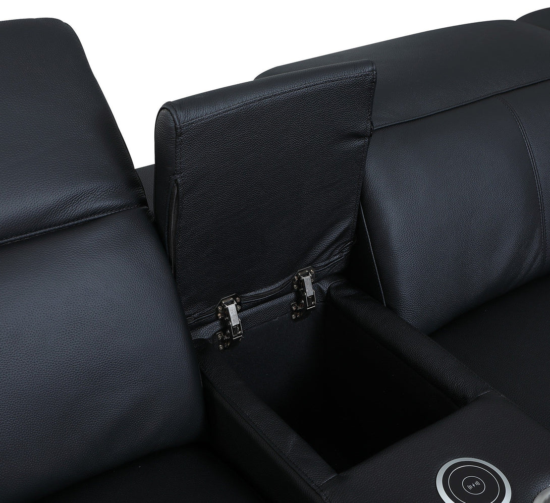 Divanitalia 9762 Build Your Own Sectional Sofa in Black with Recliners - Arial View of Storage Consule Interior and Aluminum Cup Holders and Wireless Cell Phone Charger