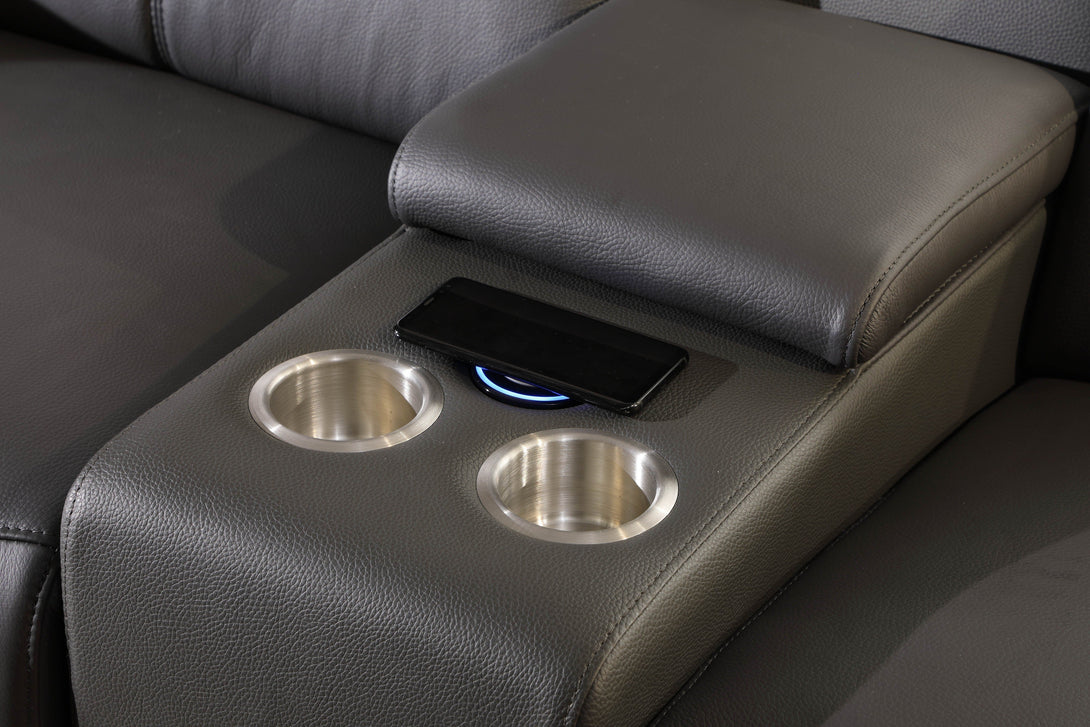 Divanitalia 9762 Build Your Own Sectional Sofa in Dark Grey with Recliners - Close-Up View Aluminum Cup Holders and Wireless Cell Phone Charger with Cell Phone Charing