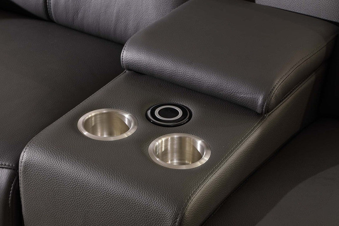Divanitalia 9762 Build Your Own Sectional Sofa in Dark Grey with Recliners - Close-Up View Aluminum Cup Holders and Wireless Cell Phone Charger