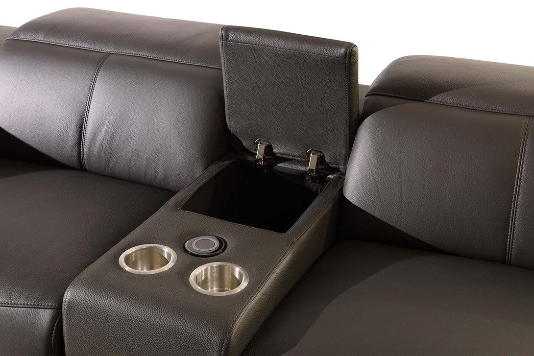 Divanitalia 9762 Build Your Own Sectional Sofa in Dark Grey with Recliners - Arial View of Storage Consule Interior and Aluminum Cup Holders and Wireless Cell Phone Charger