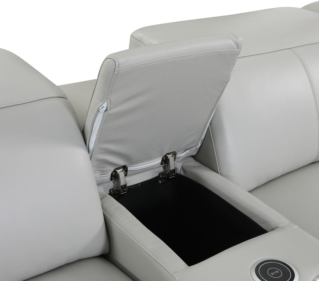 Divanitalia 9762 Build Your Own Sectional Sofa in Light Gray with Recliners - Arial View of Storage Consule Interior and Aluminum Cup Holders and Wireless Cell Phone Charger