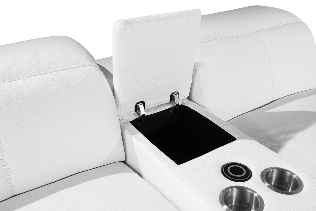 Divanitalia 9762 Build Your Own Sectional Sofa in White with Recliners - Arial View of Storage Consule Interior and Aluminum Cup Holders and Wireless Cell Phone Charger