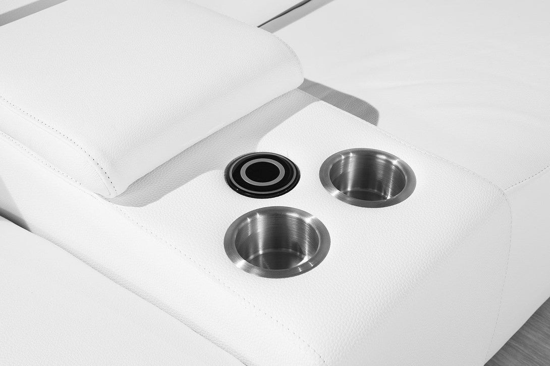 Divanitalia 9762 Build Your Own Sectional Sofa in White with Recliners - Close-Up View Aluminum Cup Holders and Wireless Cell Phone Charger
