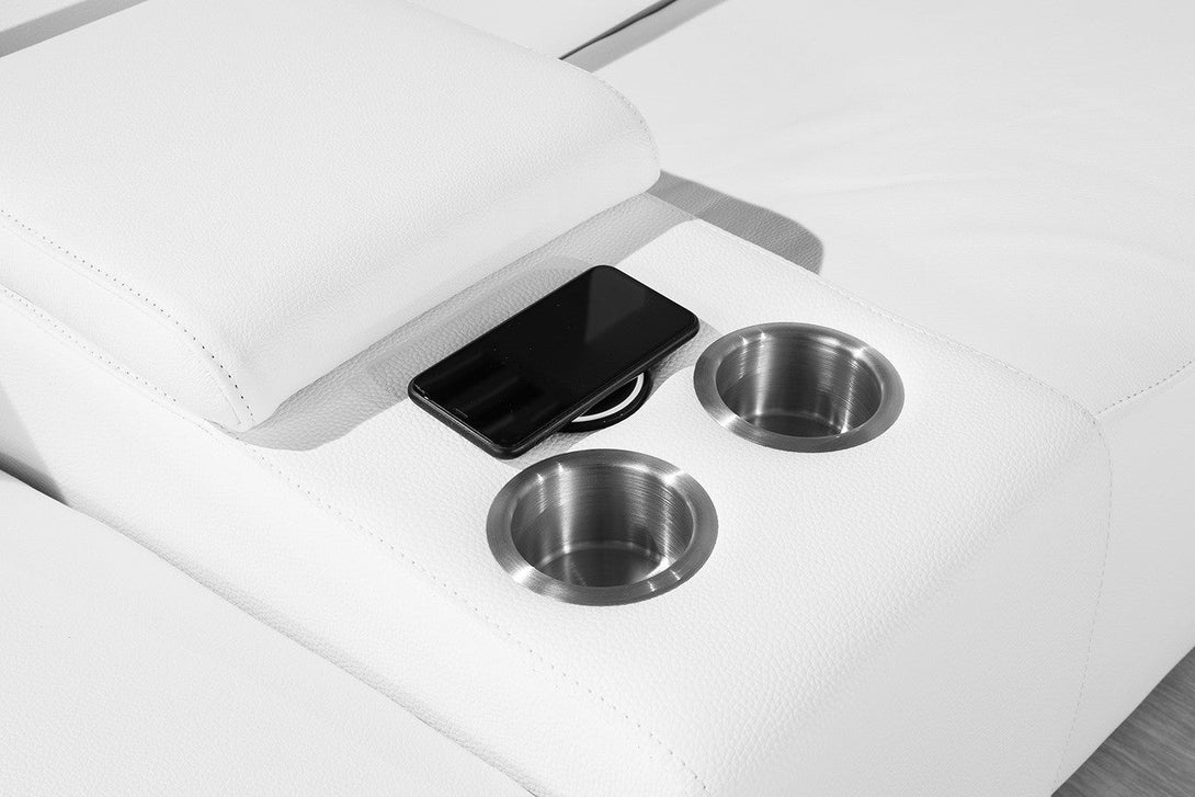 Divanitalia 9762 Build Your Own Sectional Sofa in White with Recliners - Close-Up View Aluminum Cup Holders and Wireless Cell Phone Charger with Cell Phone Charing