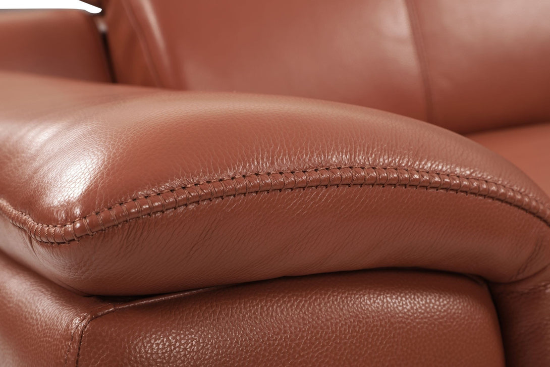 Divanitalia 9762 Reclining Living Room Set in Camel-Color Leather - Close-Up View of Sofa Arm Leather Stitching on a White Transparent Background 2