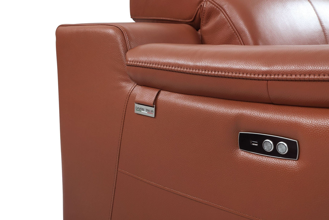 Divanitalia 9762 Reclining Living Room Set in Camel-Color Leather - Close-Up View of Sofa Arm Leather Stitching on a White Transparent Background