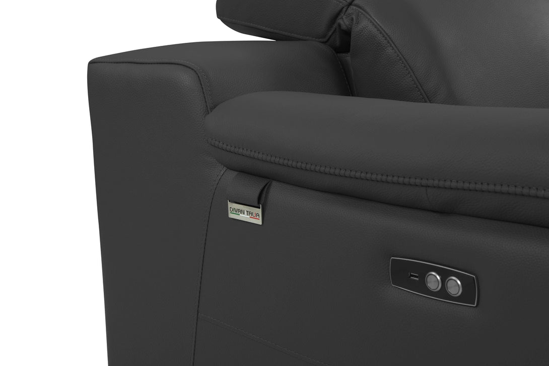Divanitalia 9762 Reclining Living Room Set in Dark Gray Leather - Close-Up View of Sofa Arm Leather Stitching on a White Transparent Background