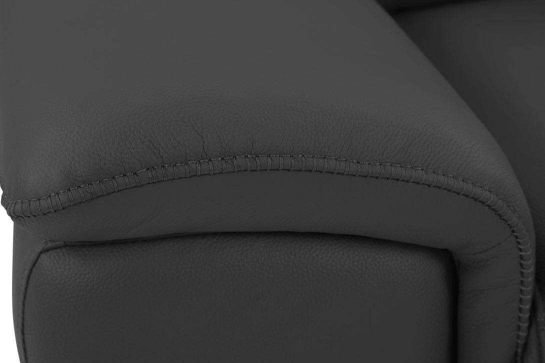 Divanitalia 9762 Reclining Living Room Set in Dark Gray Leather - Close-Up View of Sofa Arm Leather Stitching on a White Transparent Background 2