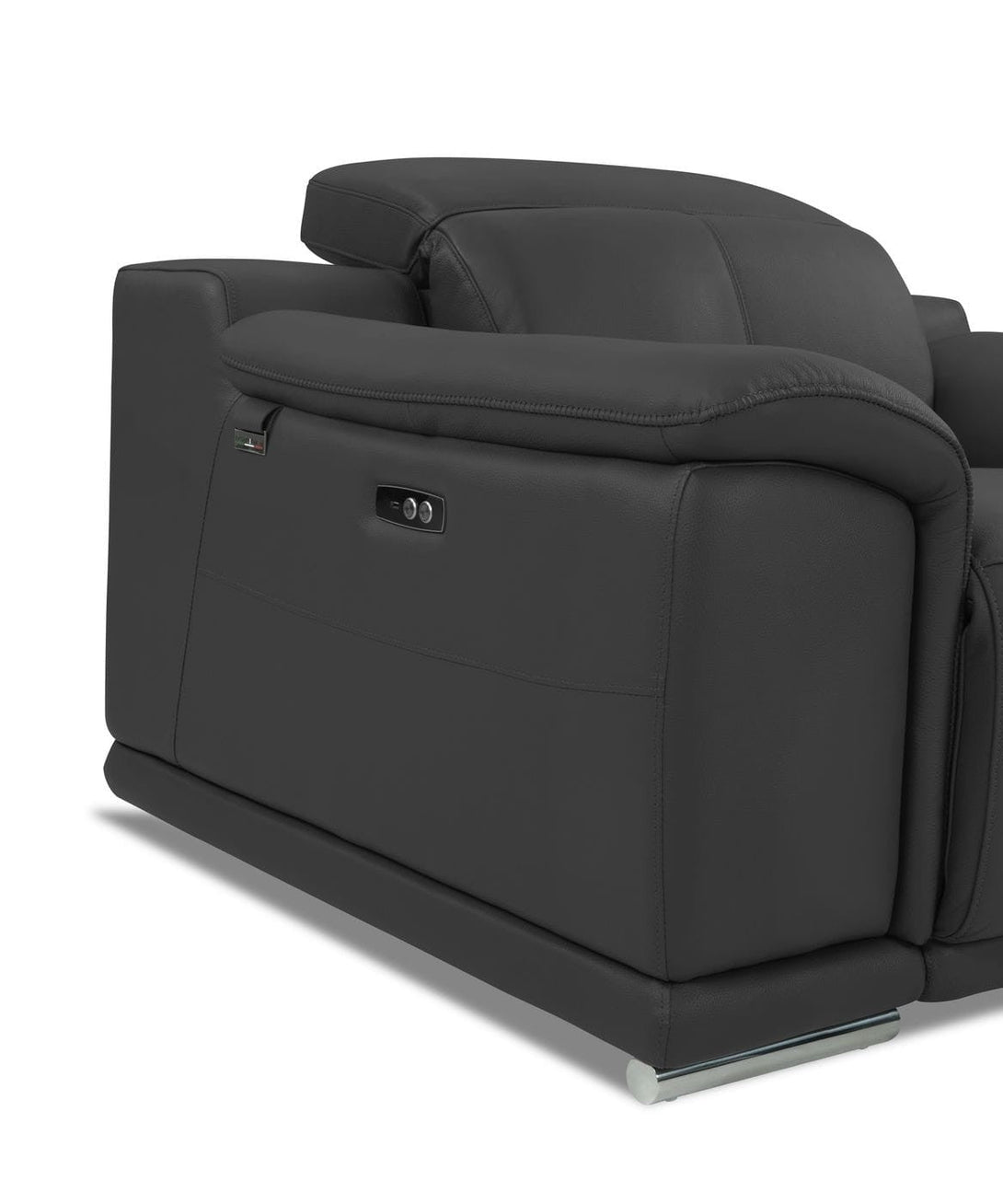 Divanitalia 9762 Reclining Living Room Set in Dark Gray Leather - Close-Up View of Sofa Arm on a White Transparent Background