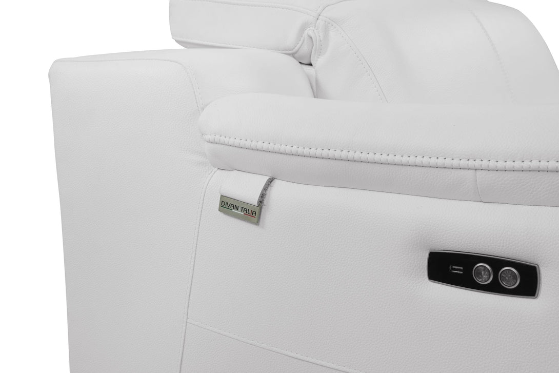 Divanitalia 9762 Reclining Living Room Set in White Leather - Close-Up View of Sofa Arm Leather Stitching on a White Transparent Background