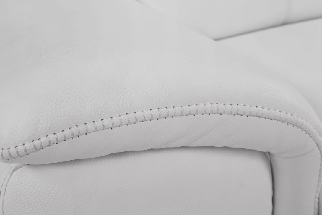 Divanitalia 9762 Reclining Living Room Set in White Leather - Close-Up View of Sofa Arm Leather Stitching on a White Transparent Background 2