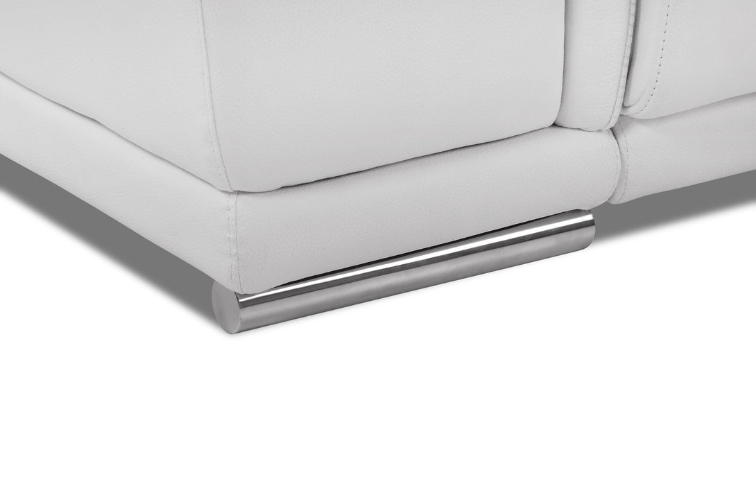 Divanitalia 9762 Reclining Living Room Set in White Leather - Close-Up View of Stainless Steel Furntiure Feet on a White Transparent Background