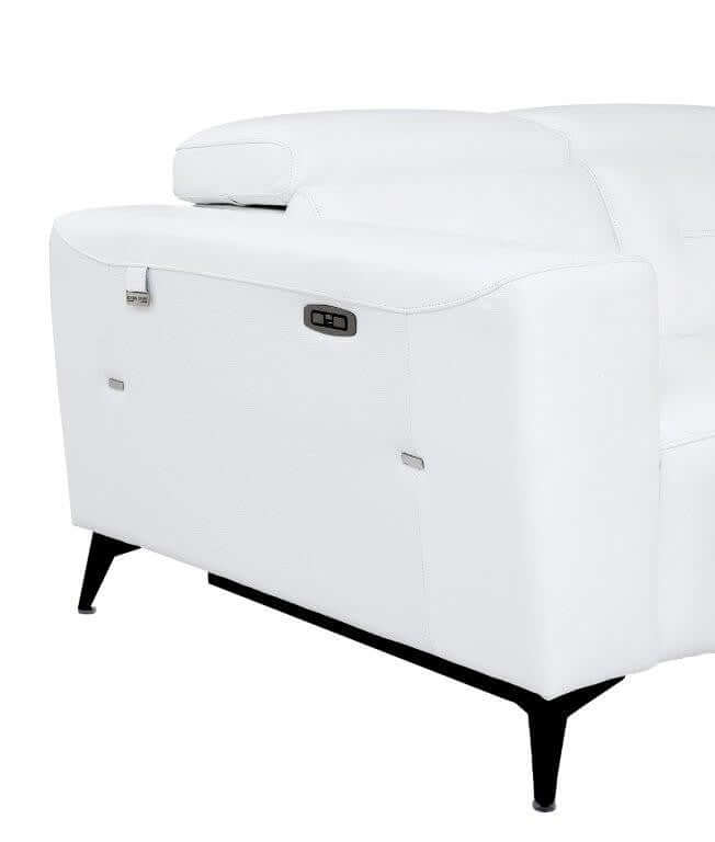 Divanitalia 989 Living Room Set in White Italian Leather - Side View of Couch Arm with Power Recline Operator Buttons