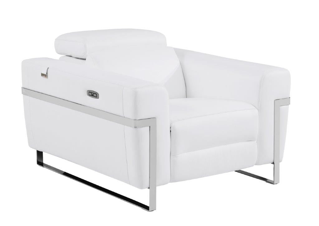 Divanitalia 990 Power Reclining Chair in White Italian Leather - Angled Front View with Recliner Closed