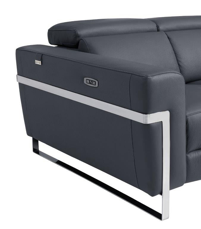 Divanitalia 990 Power Reclining Chair in Dark Grey Italian Leather - Angled Side View of Steel Support Bars and Feet
