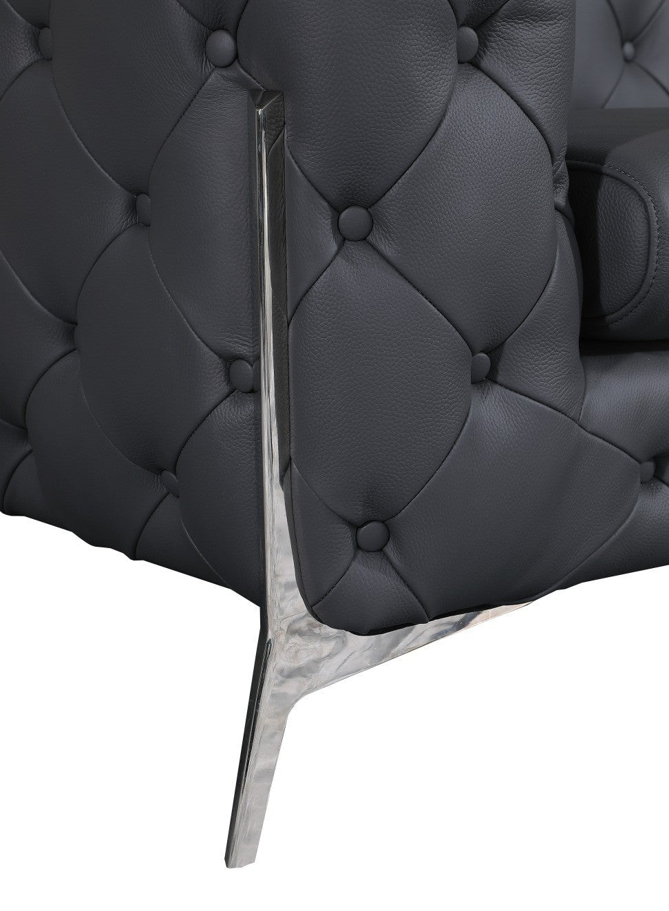 Divanitalia 970 Living Room Set in Gray Italian Leather - View of Side with Emphasis on Stainless Steel Furniture Legs