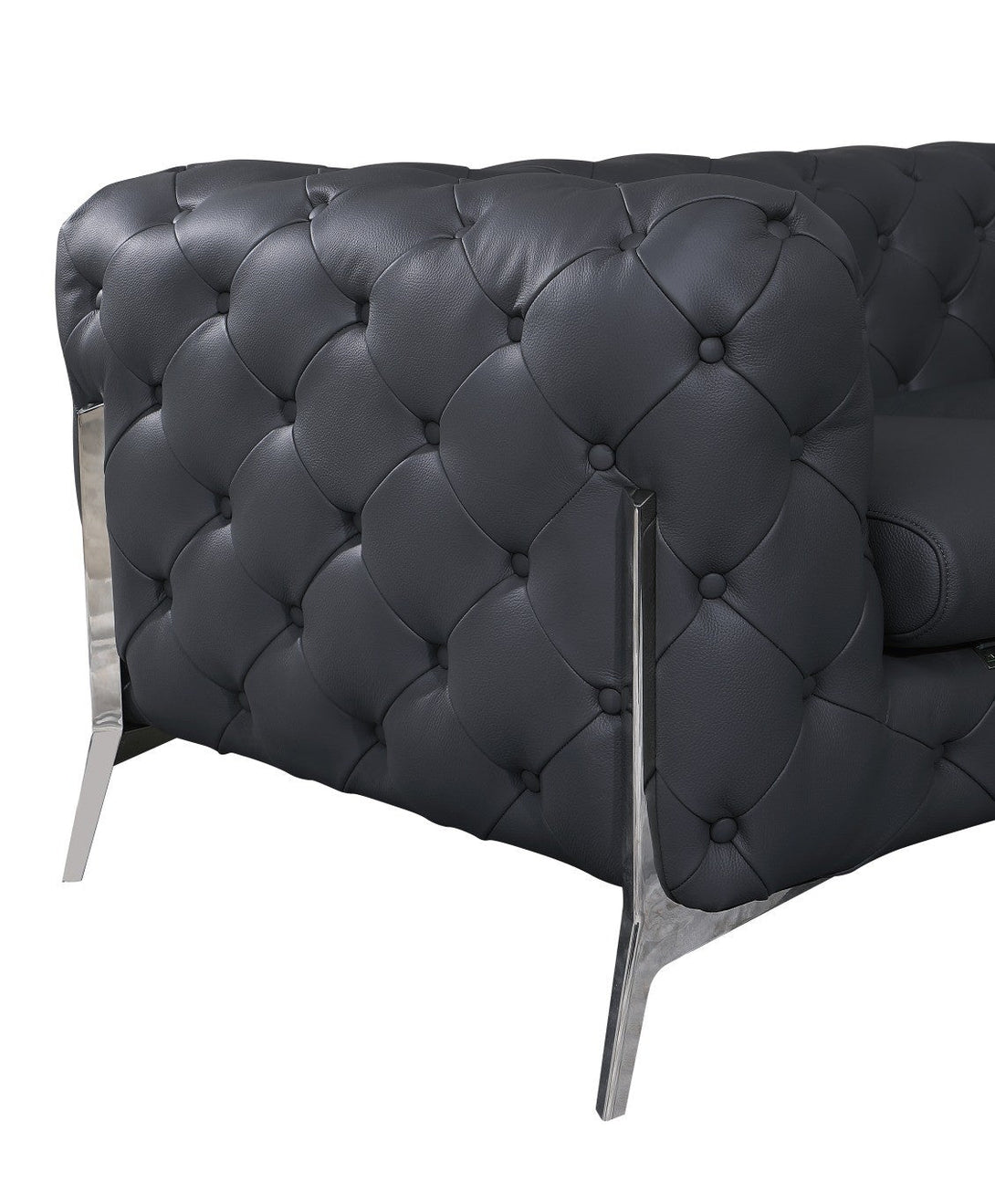 Divanitalia 970 Living Room Set in Gray Italian Leather - View of Side with Emphasis on Stainless Steel Furniture Legs