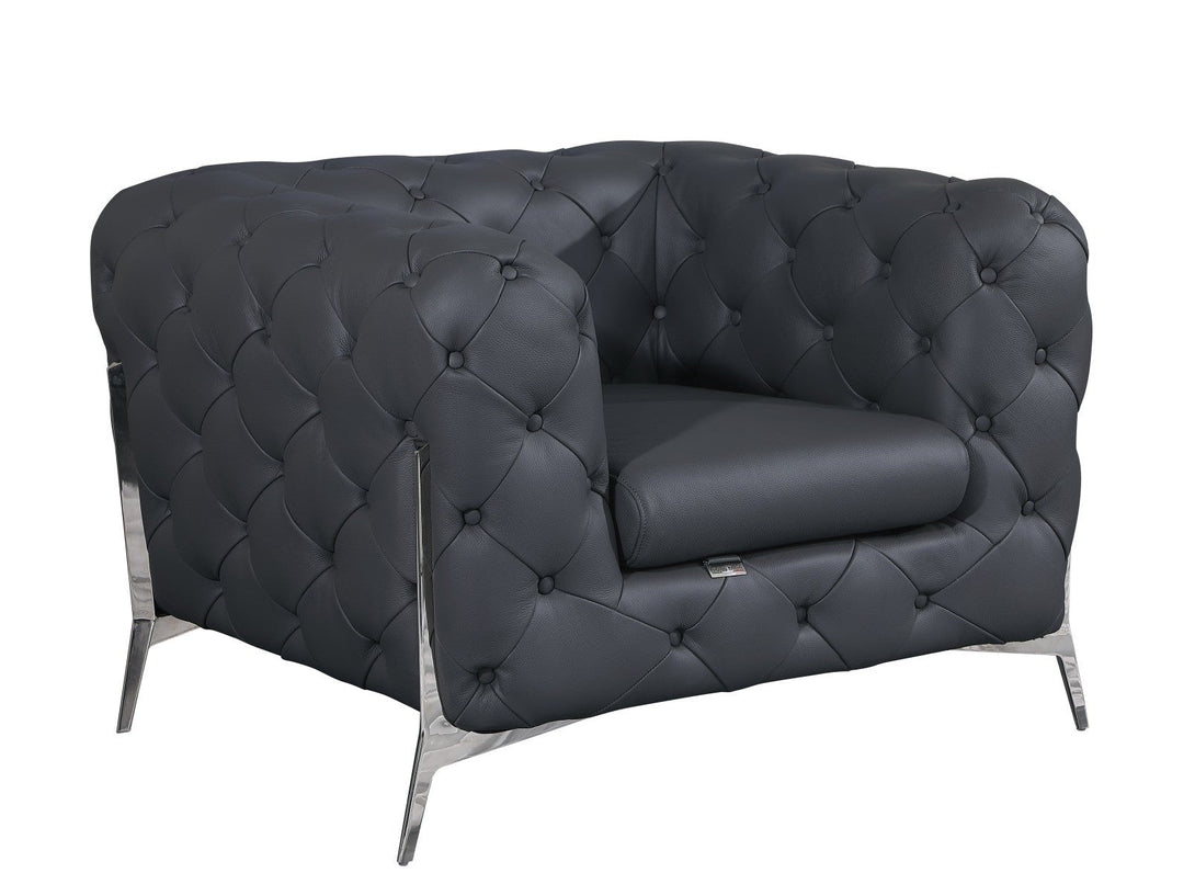Divanitalia 970 Chair in Gray Italian Leather - Angled Front View of Chair on White Transparent Background