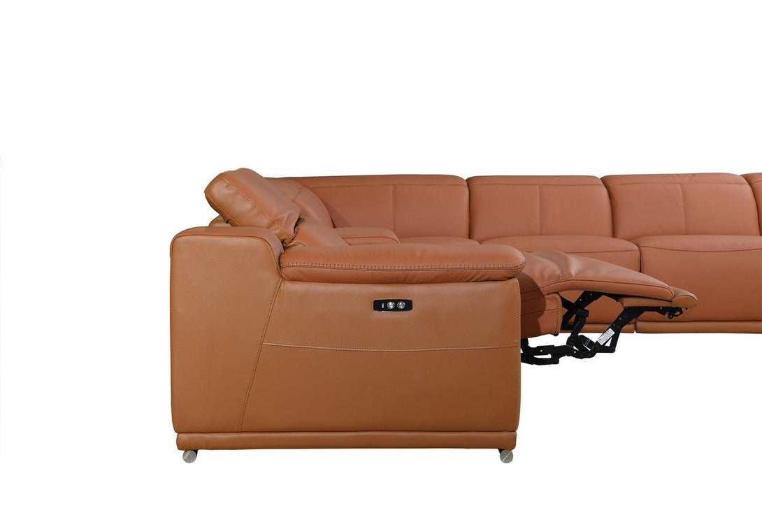 Divanitalia 9762 Build Your Own Sectional Sofa in Camel-Color with Recliners - View of Left Sectional Fully Reclined on a White Transparent Background