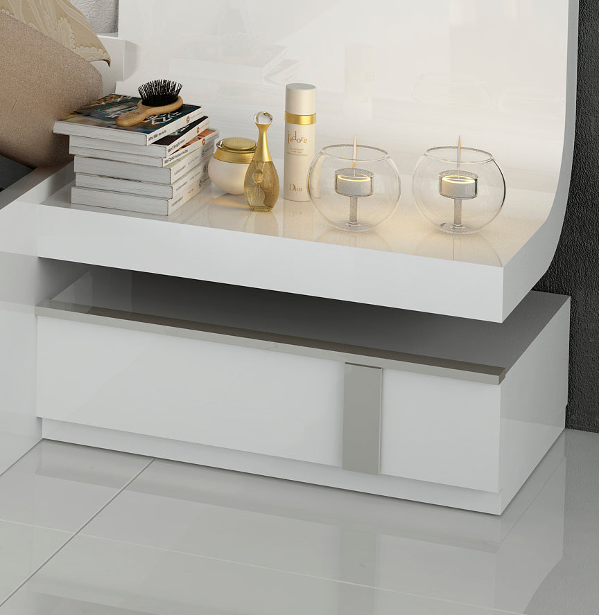 Granada Modern Bedroom Set in White Lacquer Finish - Close-Up View of Nightstand in a Staged Environment