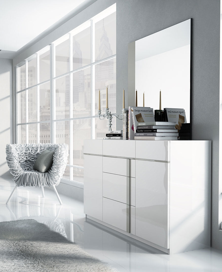 Granada Modern Bedroom Set in White Lacquer Finish - Angled View of Dresser and Mirror in a Demo Room