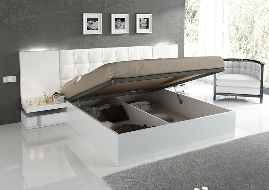 Granada Modern Bedroom Set in White Lacquer Finish - View of Platform Bed Storage Area in a Demo Room