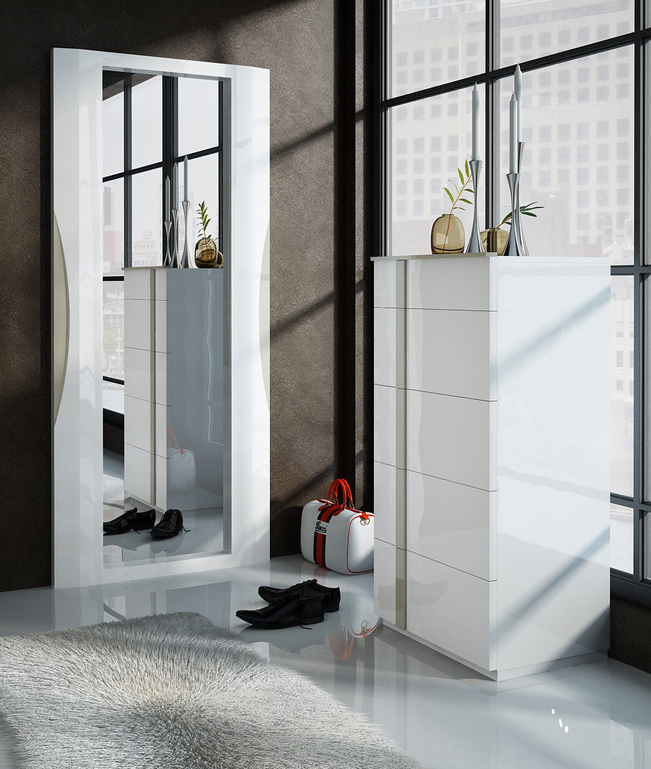 Granada Modern Bedroom Set in White Lacquer Finish - Angled View of Mirror in a Demo Room