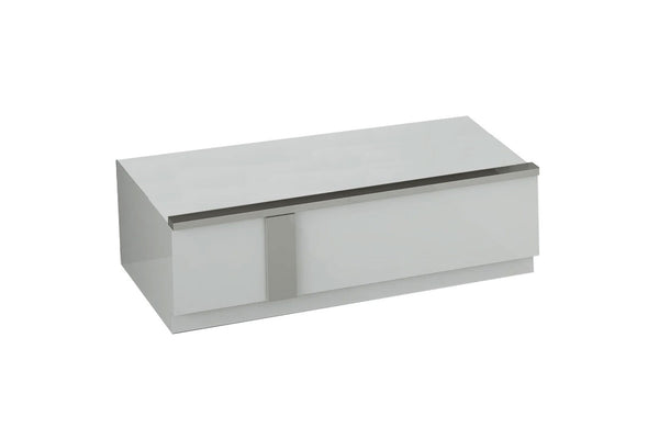 White modern rectangular nightstand with a glossy finish on a white background