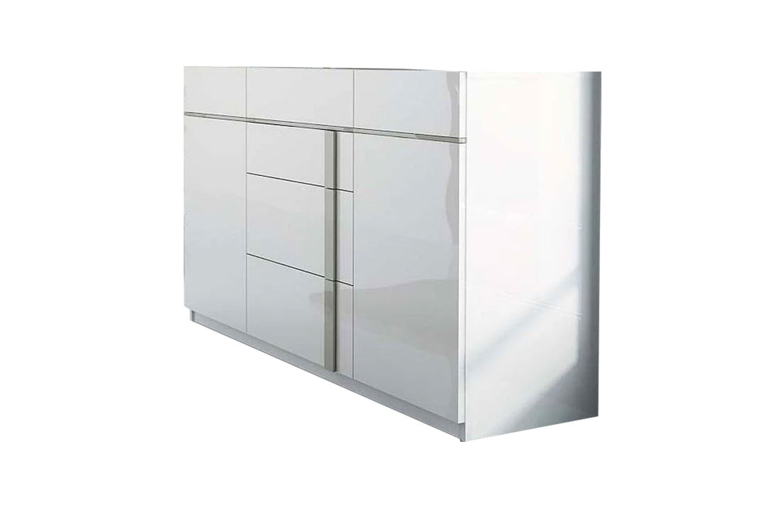 Modern white dresser with high-gloss reflective doors on a white background