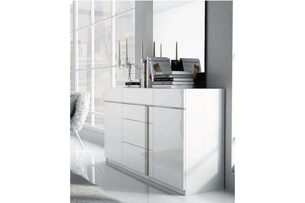 Modern white dresser with mirror in a minimalistic room