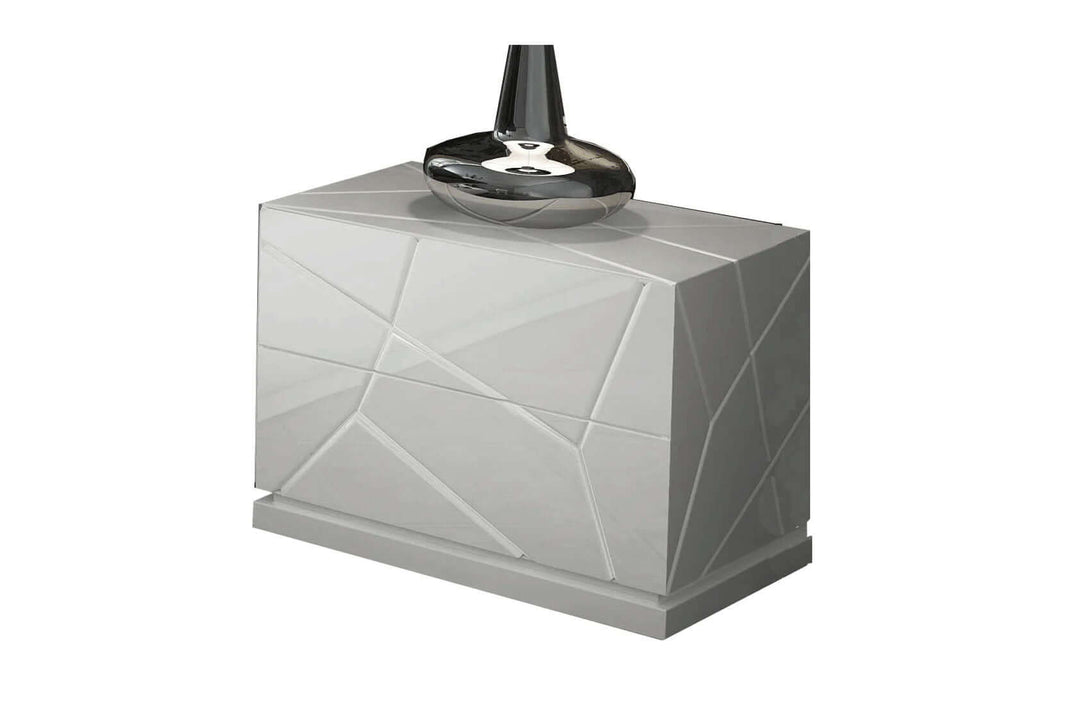 Modern geometric-patterned nightstand against a white background